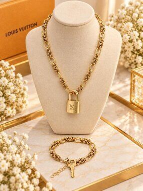 Stainless Steel 18k Gold Plated Necklace+ Bracelet w/Auth Louis Vuitton Padlock